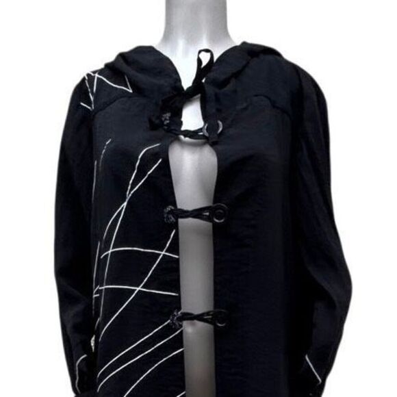 Tusso Hooded Duster Style Robe Women's Large Black White Open Front Abstract - Picture 11 of 11